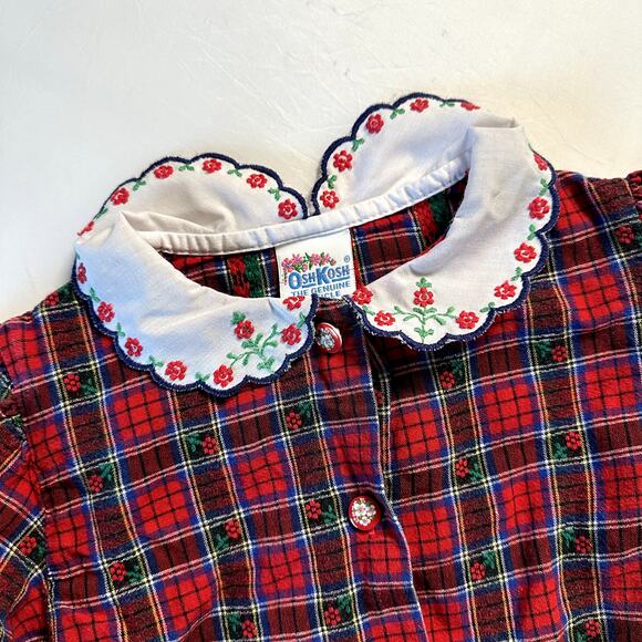 Vintage Osh Kosh Floral Plaid Button Up w/ Embroidered Scalloped Collar Sz 6 - Picture 4 of 9